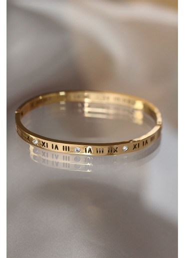Erb 316L Çelik Roma Rakamlı Gold Renk Bilezik Kelepçe