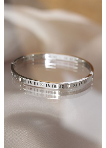 Erb 316L Çelik Roma Rakamlı Silver Renk Bilezik Kelepçe