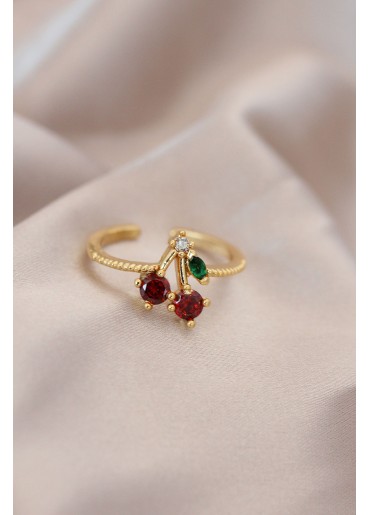 Erb Ayarlamalı Gold Renk Metal Renkli Zirkon Taşlı Kiraz Yüzük