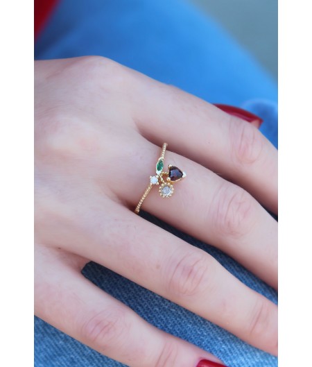 Erb Gold Renk Kiraz Model Zirkon Taşlı Kadın Yüzük