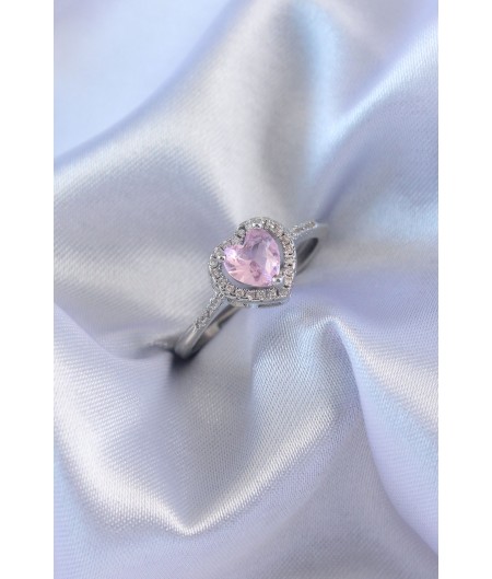 Erb Gümüş Renk Pembe Zirkon Taşlı Kalp Charm Model Pirinç Kadın Yüzük