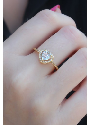 Erb Gold Renk Zirkon Taşlı Kalp Model Charm Pirinç Kadın Yüzük