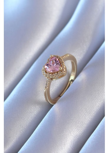 Erb Gold Renk Zirkon Taşlı Kalp Model Pirinç Charm Kadın Yüzük