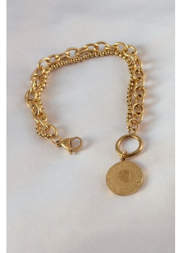 Erb 316L Çelik Gold Renk 2\'li Zincir Model Çeyrek Altınlı Kadın Bileklik