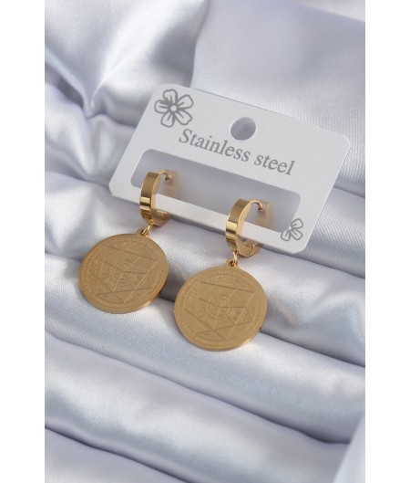 Erb 316L Çelik Gold Renk Pentagram İşleme Model Kadın Küpe