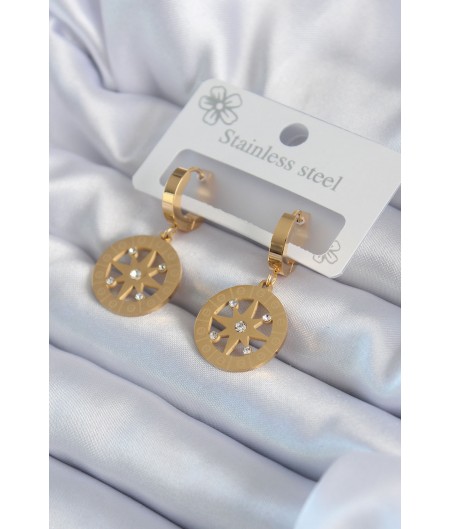 Erb 316L Çelik Gold Renk Kutup Yıldızı Model İşleme Detay Zirkon Taşlı Kadın Küpe