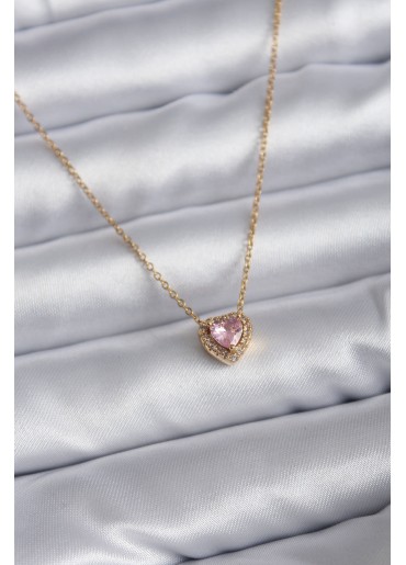 Erb 316L Çelik Zincir Gold Renk Pembe Zirkon Taşlı Charm Kadın Kolye