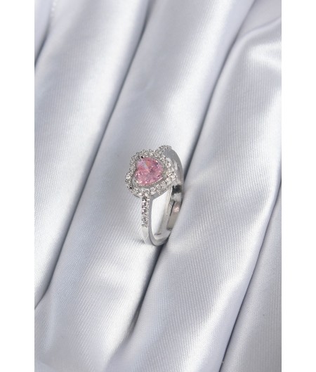 Erb Pirinç Gümüş Renk Pembe Zirkon Taş Kalp Charm Model Kadın Yüzük