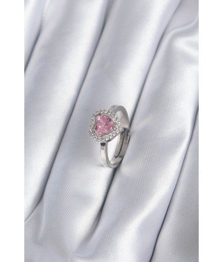 Erb Pirinç Gümüş Renk Pembe Zirkon Taşlı Charm Model Kadın Yüzük