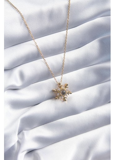 Erb 316L Çelik Gold Renk Zirkon Taşlı Kar Tanesi Projeksiyon Model Kadın Kolye