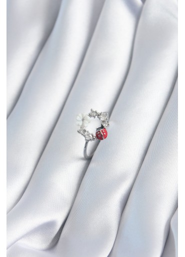 Erb Pirinç Gümüş Renk Zirkon Taş Detay Çiçek Uğur Böceği Model Kadın Yüzük