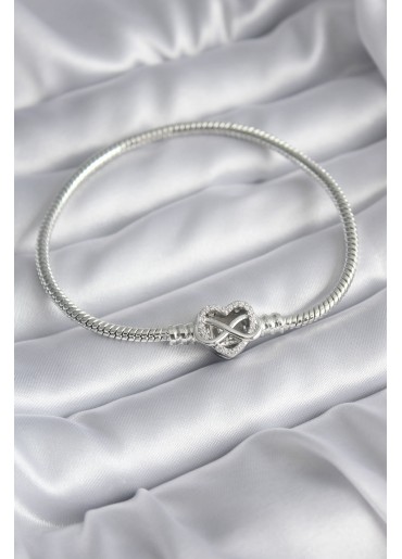 Erb Pirinç Gümüş Renk Zirkon Taşlı Kalp Sonsuzluk Model Charm Kadın Bileklik