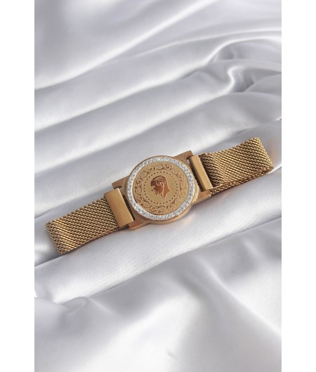 Erb 316L Çelik Gold Renk Mıknatıslı Hasır Zirkon Taşlı Çeyrek Altın Model Kadın Bileklik