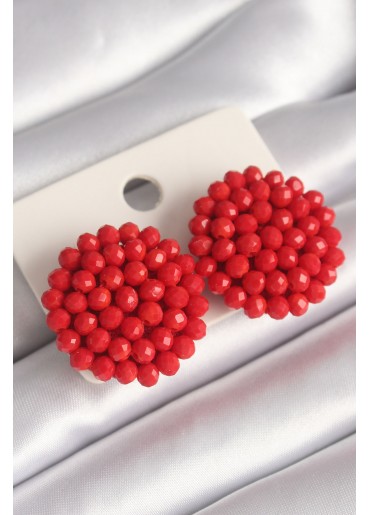 Erb Kırmızı Renk Kristal Düğme Model Kadın Küpe