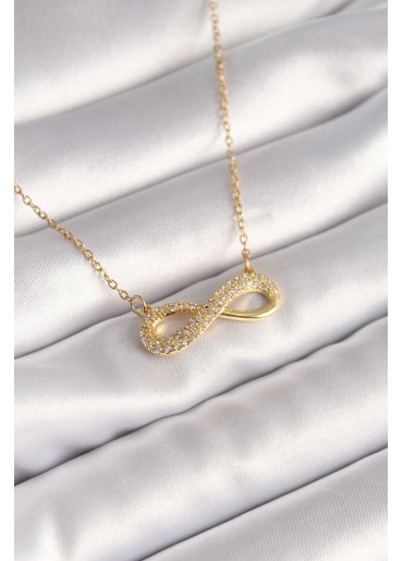 Erb 316L Çelik Gold Renk Zincir Zirkon Taşlı Sonsuzluk Model Kadın Kolye