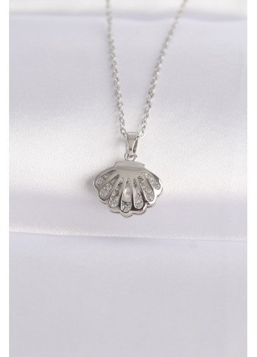 Erb 316L Çelik Zincir Gümüş Renk Zirkon Taşlı İnci Detay İstiridye Kolye