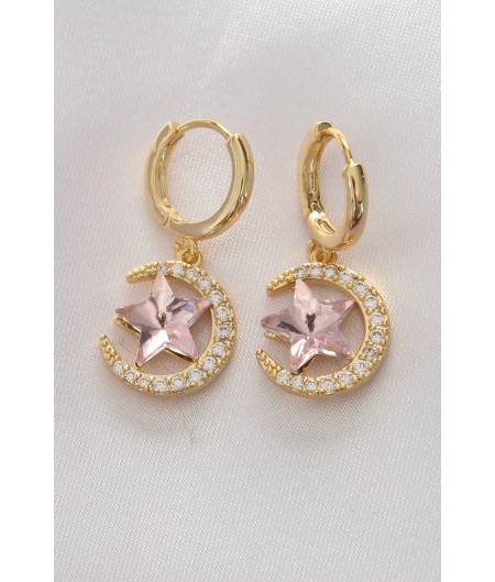 Erb Pirinç Gold Renk Pembe Zirkon Taşlı Yıldız Detay Ay Küpe