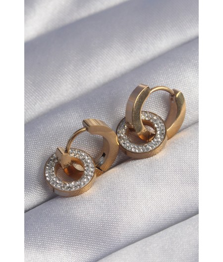 Erb 316L Çelik Gold Renk Zirkon Taşlı İç İçe Geçmeli Oval Küpe