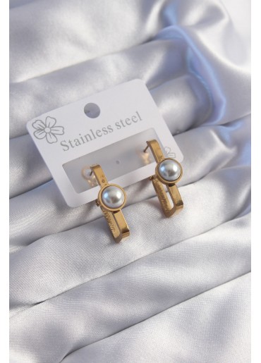 Erb 316L Çelik Gold Renk İnci Taşlı Dikdörtgen Model Küpe