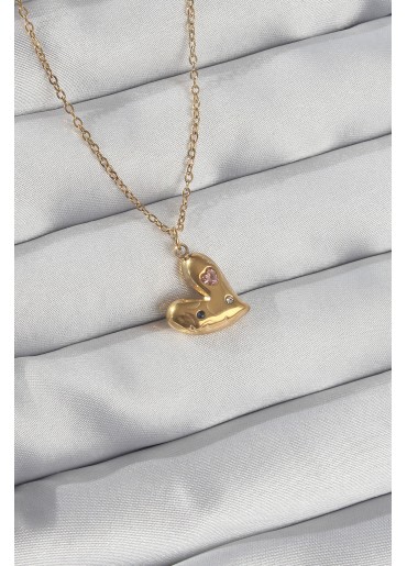 Erb 316L Çelik Zincir Gold Renk Renkli Zirkon Taşlı Kalp Kolye