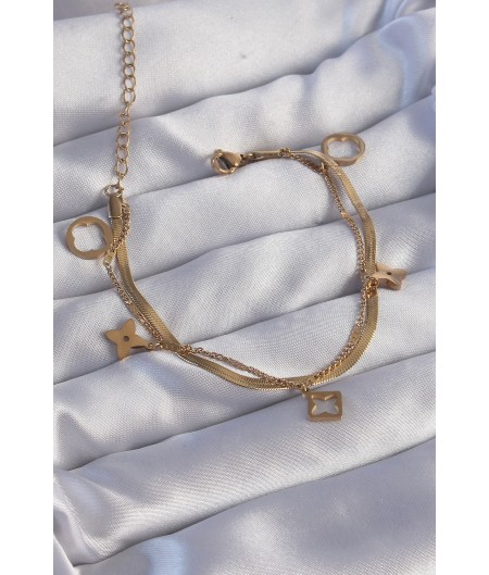 Erb 316L Çelik Gold Renk Çift Zincir Yonca Tasarım Bileklik