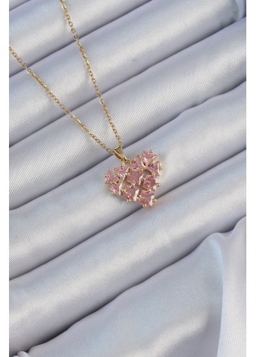 Erb 316L Çelik Zincir Altın Renk Pembe Parçalı Zirkon Taşlı Kalp Kolye