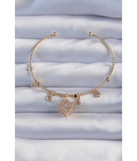 Erb Pirinç Altın Renk Zirkon Taşlı Yonca Model Charm Bileklik