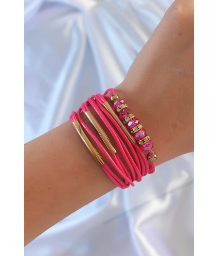 Erb Pembe Renk Zirkon Taşlı Metal Aksesuarlı İpli Çoklu Bileklik