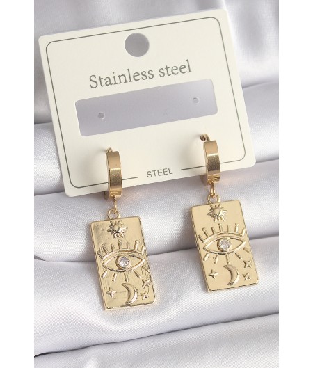 Erb 316L Çelik Gold Renk Zirkon Taşlı Göz İşleme Detay Plaka Model Kadın Küpe