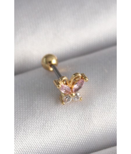 Erb 316L Çelik Gold Renk Pembe Zirkon Taşlı Kelebek Tragus Piercing