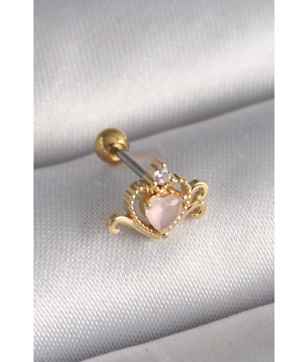 Erb 316L Çelik Gold Renk Pembe Mineli Kalp Zirkon Taş Detay Tragus Piercing