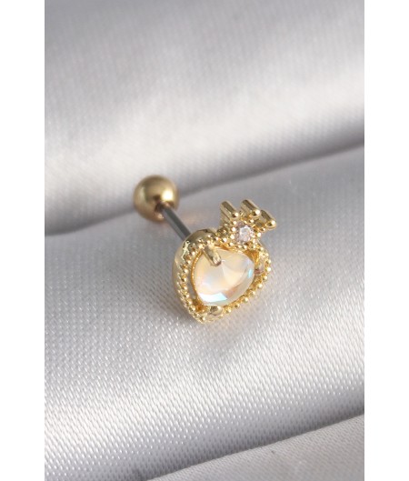 Erb 316L Çelik Gold Renk Beyaz Mineli Kalp Zirkon Taş Detaylı Taç Tragus Piercing
