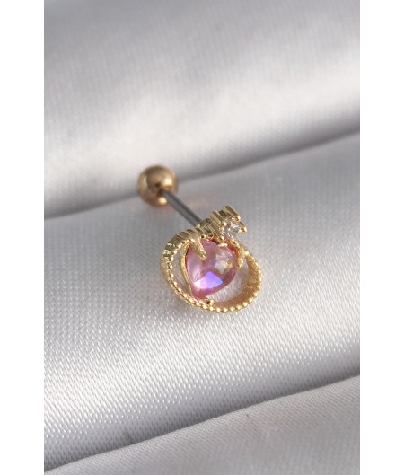Erb 316L Çelik Gold Renk Pembe Mineli Kalp Zirkon Taş Detay Tragus Piercing