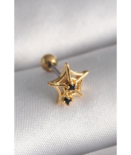 Erb 316L Çelik Gold Renk Siyah Zirkon Taş Detay Örümcek Ağ Model Tragus Piercing