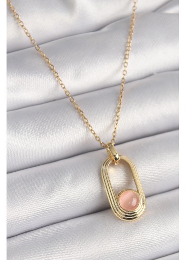 Erb 316L Çelik Gold Renk Pembe Kedi Göz Model Kadın Kolye