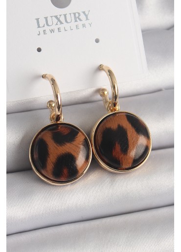 Erb Pirinç Gold Renk Leopar Desenli Daire Model Kadın Küpe