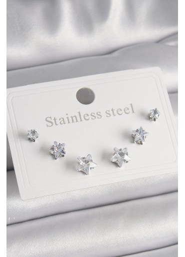 Erb 316L Çelik Gümüş Renk Zirkon Taşlı Yıldız Model Kadın Küpe Seti