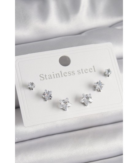 Erb 316L Çelik Gümüş Renk Zirkon Taşlı Yıldız Model Kadın Küpe Seti Erb 316L Çelik Gümüş Renk Zirkon Taşlı Yıldız Model Kadın Küpe Seti