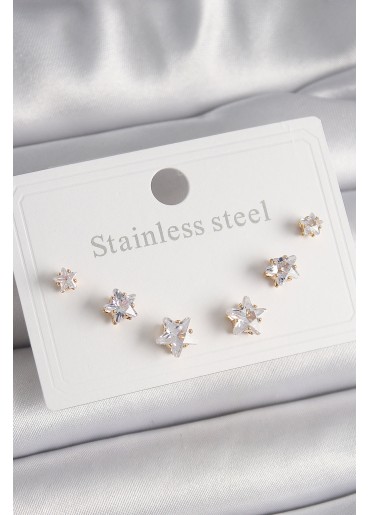 Erb 316L Çelik Gold Renk Zirkon Taşlı Yıldız Model Kadın Küpe Seti