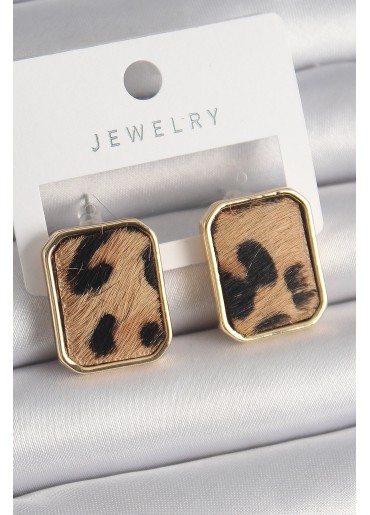 Erb Pirinç Gold Renk Kare Leopar Desen Model Kadın Küpe
