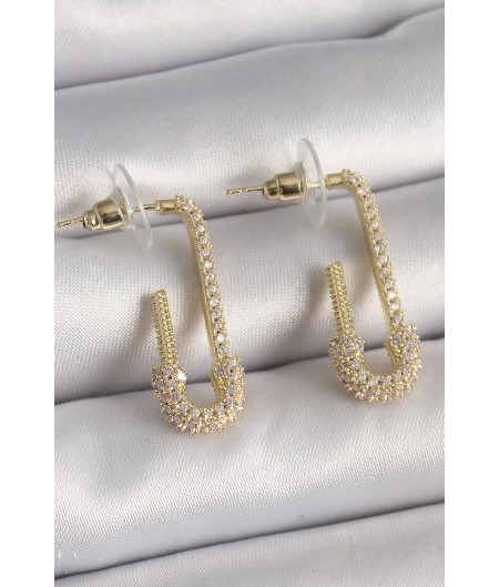 Erb Pirinç Gold Renk Zirkon Taşlı Çengelli İğne Model Kadın Küpe