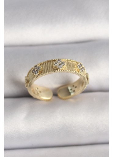 Erb Pirinç Gold Renk Zirkon Taşlı Yonca İşlemeli Ayarlanabilir Yüzük