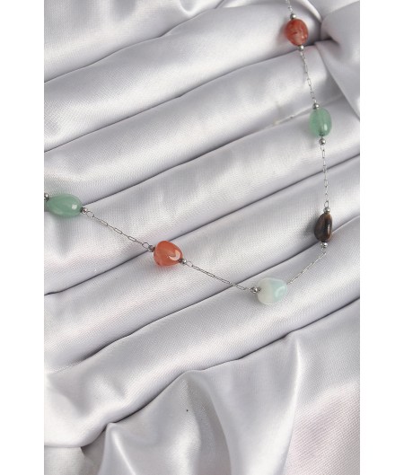 Erb 316L Çelik Gümüş Renk Zincir Renkli Doğaltaş Model Kadın Kolye