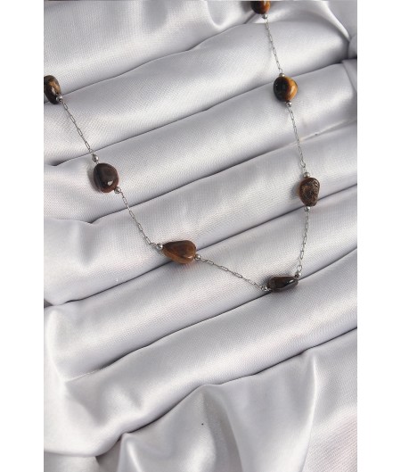 Erb 316L Çelik Gümüş Renk Zincir Kahverengi Doğaltaş Model Kadın Kolye