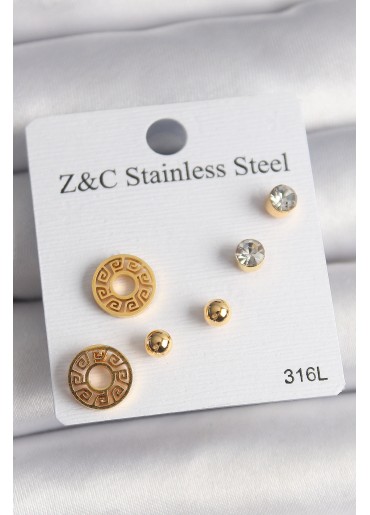 Erb 316L Çelik Gold Renk Zirkon Taşı Labirent Model Kadın Küpe Seti