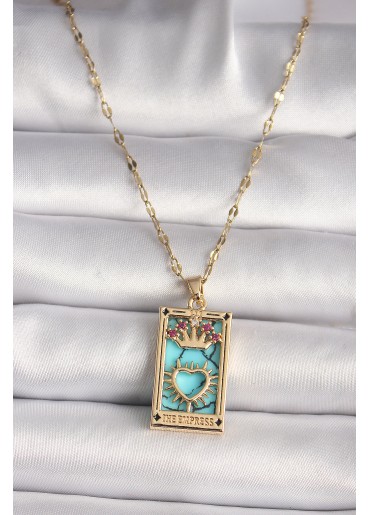 Erb 316L Gold Renk Pembe Zirkon Taşlı Taç Kalp Portre Model Kadın Kolye