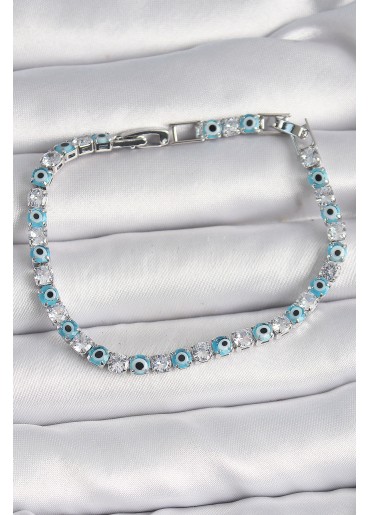 Erb Pirinç Gümüş Renk Su Yolu Zirkon Taşlı Nazar Boncuklu Kadın Bileklik