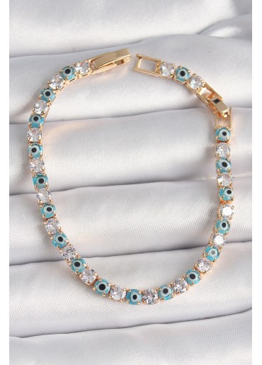 Erb Pirinç Gold Renk Su Yolu Zirkon Taşlı Nazar Boncuklu Kadın Bileklik