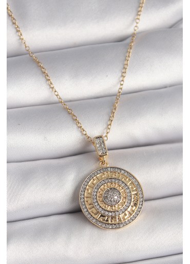 Erb 316L Çelik Gold Renk Zincir Zirkon Taşlı Madalyon Model Labirent İşleme Kadın Kolye
