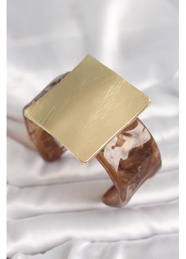 Erb Kahverengi Mermer Desen Akrilik Plastik Gold Kare Plaka Model Vintage Kadın Bilezik
